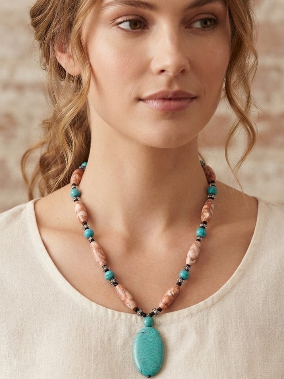 Turquoise and Peach Quartz Beaded Pendant Necklace